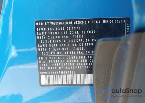 2024 Volkswagen Taos 1.5T Se z USA, uszkodzony, nr VIN 3VVEX7B2XRM057388